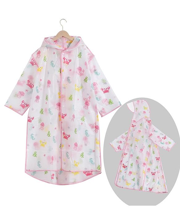PIne Kids Full Sleeves Calf Length Hooded Raincoat Sea Life Print - Multicolor