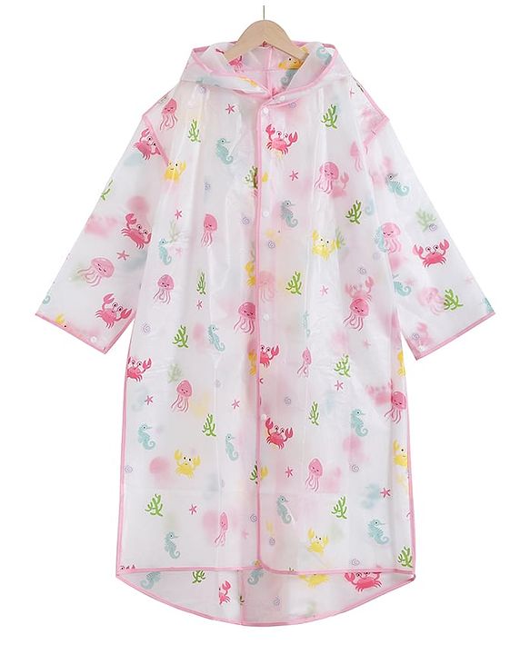 PIne Kids Full Sleeves Calf Length Hooded Raincoat Sea Life Print - Multicolor