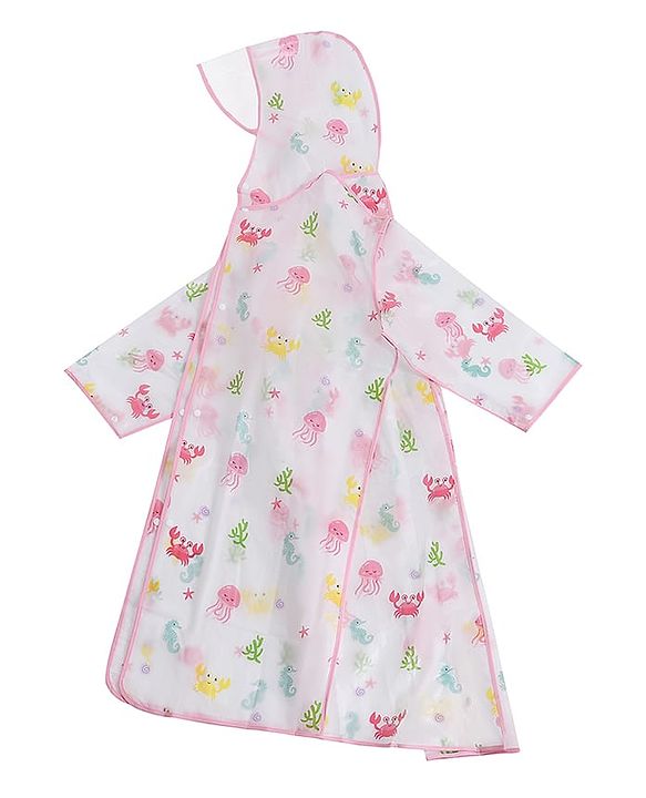 PIne Kids Full Sleeves Calf Length Hooded Raincoat Sea Life Print - Multicolor