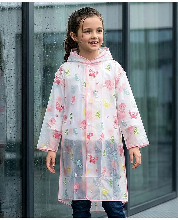 PIne Kids Full Sleeves Calf Length Hooded Raincoat Sea Life Print - Multicolor