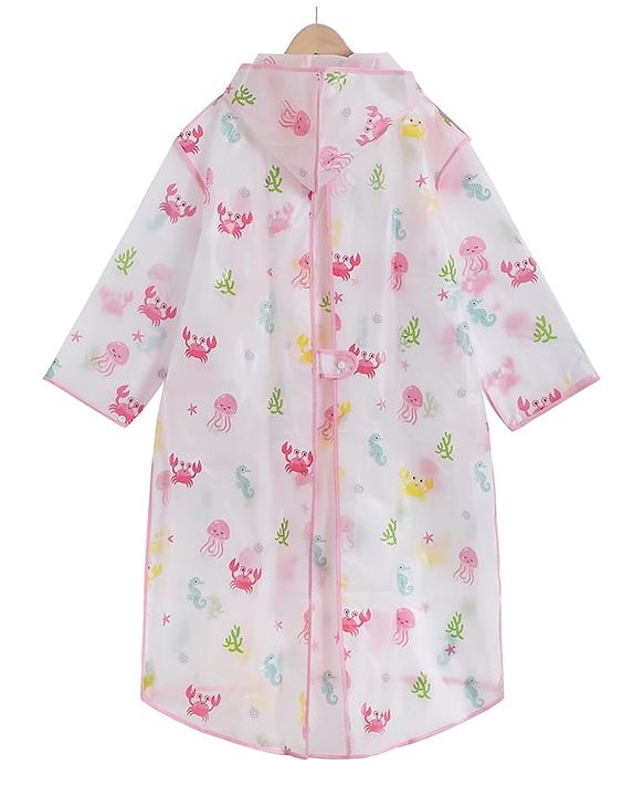 PIne Kids Full Sleeves Calf Length Hooded Raincoat Sea Life Print - Multicolor
