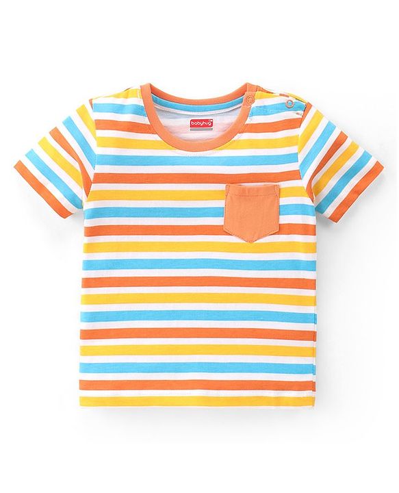 Babyhug 100% Cotton Knit Half Sleeves Striped T-Shirt with Front Pocket - Multicolour