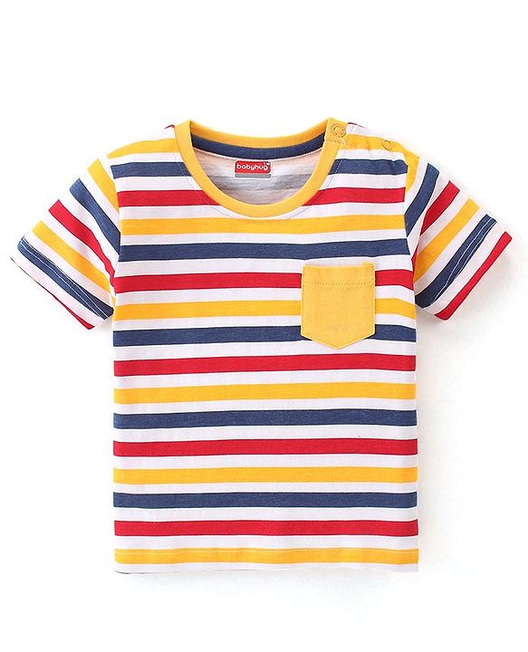 Babyhug 100% Cotton Knit Half Sleeves Striped T-Shirt with Front Pocket - Multicolour