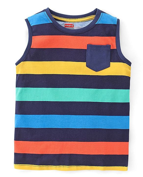 Babyhug 100% Cotton Knit Sleeveless Striped T-Shirt with Pocket - Multicolour