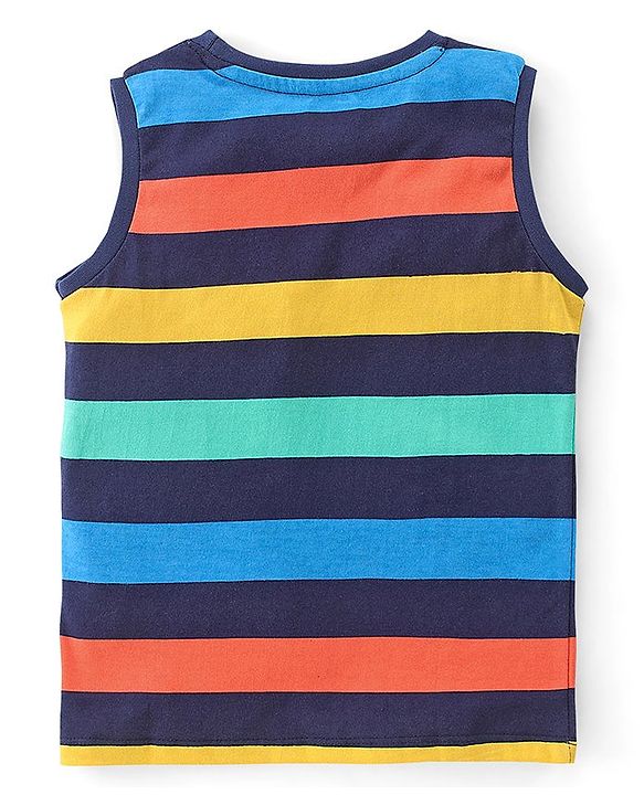 Babyhug 100% Cotton Knit Sleeveless Striped T-Shirt with Pocket - Multicolour