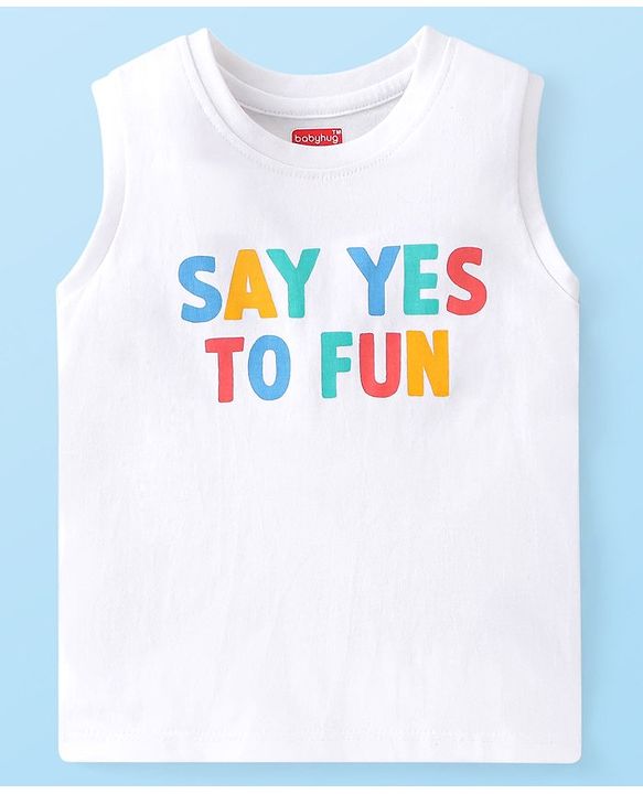 Babyhug 100% Cotton Knit Sleeveless T-Shirt With Text Graphics - White