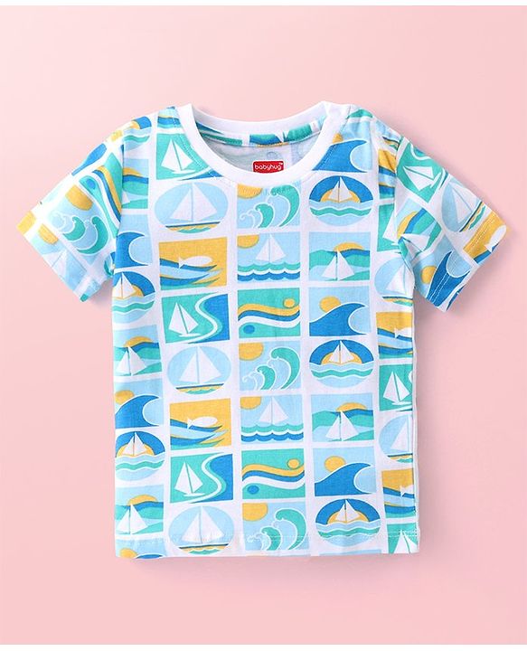 Babyhug Cotton Knit Half Sleeves T-Shirts with Striped & Beach Theme Print Pack of 3 - Blue & Yellow