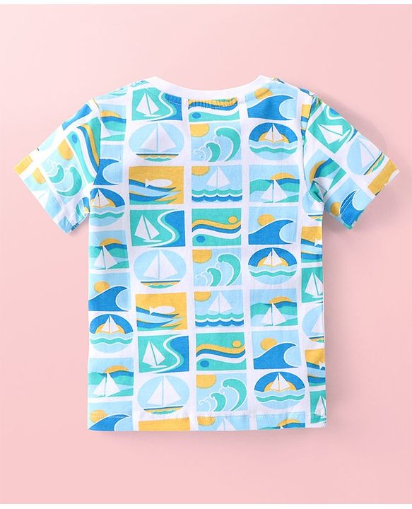 Babyhug Cotton Knit Half Sleeves T-Shirts with Striped & Beach Theme Print Pack of 3 - Blue & Yellow