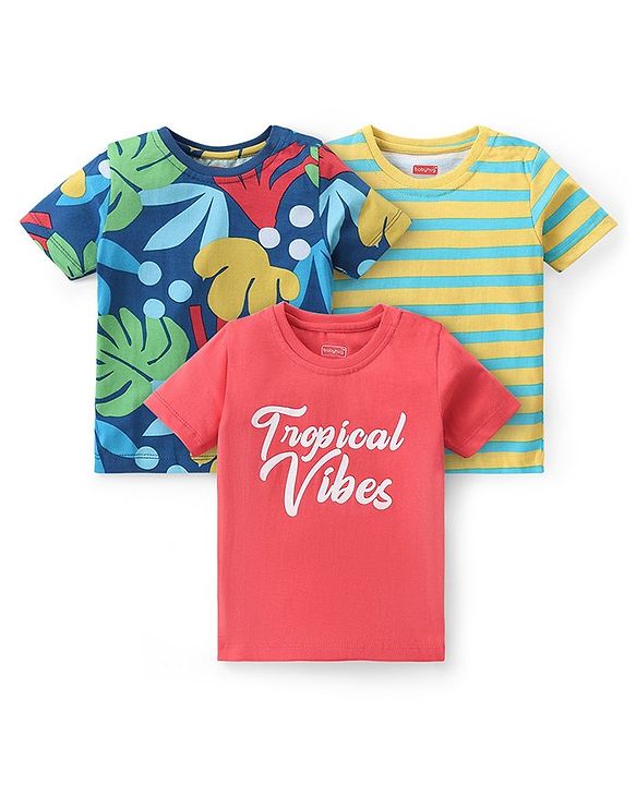 Babyhug Cotton Knit Half Sleeves T-Shirt With Text  Graphics Pack of 3 Full - Multicolor