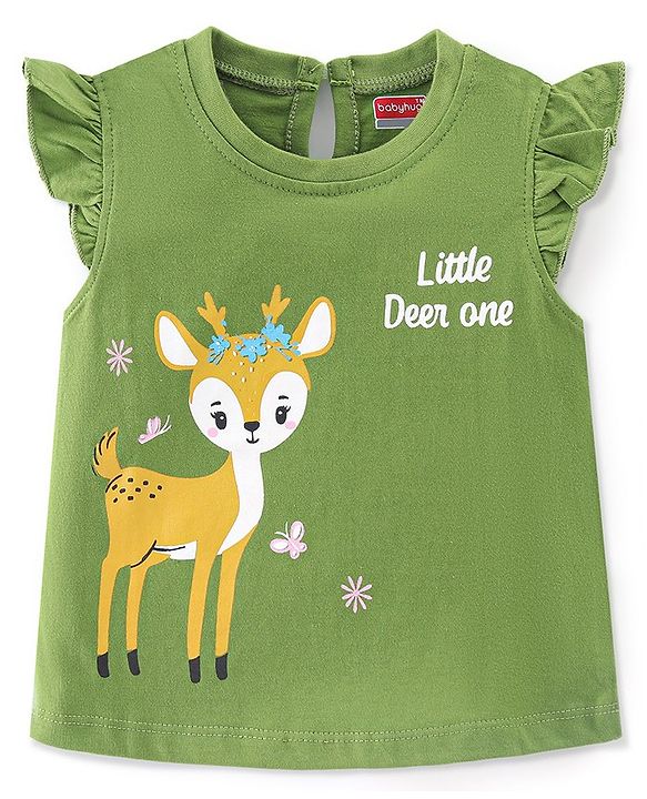 Babyhug 100% Cotton Knit Frill Detailing T-Shirt With Deer Graphics - Olive Green