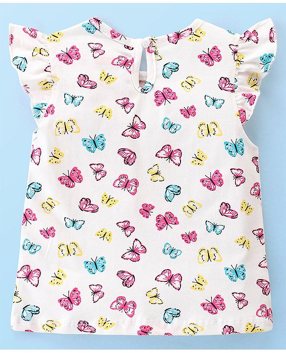Babyhug Cotton Knit Frill Sleeves Top With Butterfly & Text Print Pack Of 3 - White Pink & Blue