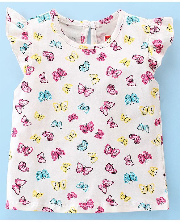 Babyhug Cotton Knit Frill Sleeves Top With Butterfly & Text Print Pack Of 3 - White Pink & Blue