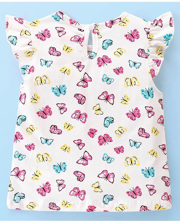 Babyhug Cotton Knit Frill Sleeves Top With Butterfly & Text Print Pack Of 3 - White Pink & Blue