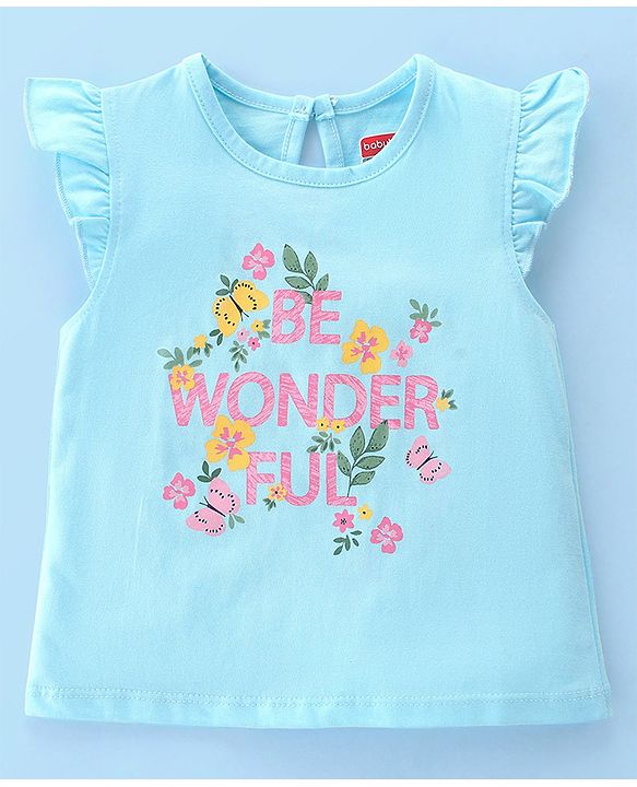Babyhug Cotton Knit Frill Sleeves Top With Butterfly & Text Print Pack Of 3 - White Pink & Blue
