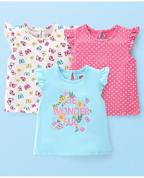 Babyhug Cotton Knit Frill Sleeves Top With Butterfly & Text Print Pack Of 3 - White Pink & Blue