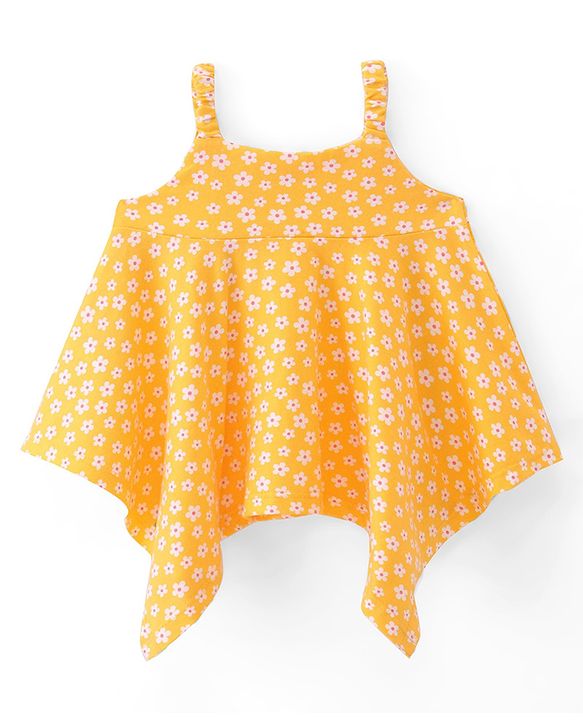 Babyhug Sleeveless Cotton Knit Top with Floral Print & Corsage Detailing  - Yellow