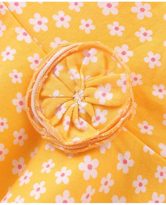 Babyhug Sleeveless Cotton Knit Top with Floral Print & Corsage Detailing  - Yellow