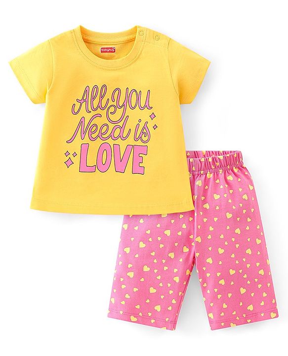 Babyhug Cotton Knit Half Sleeve Capri Night Suit With Text Print - Yellow & Pink