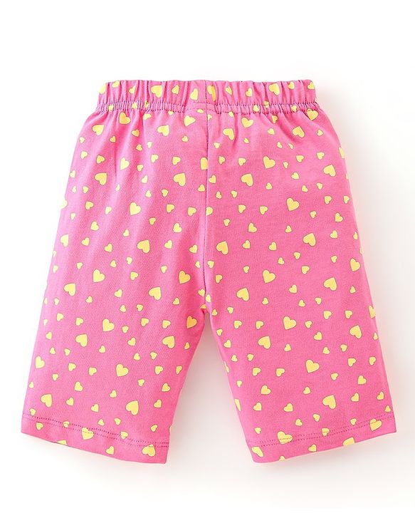 Babyhug Cotton Knit Half Sleeve Capri Night Suit With Text Print - Yellow & Pink