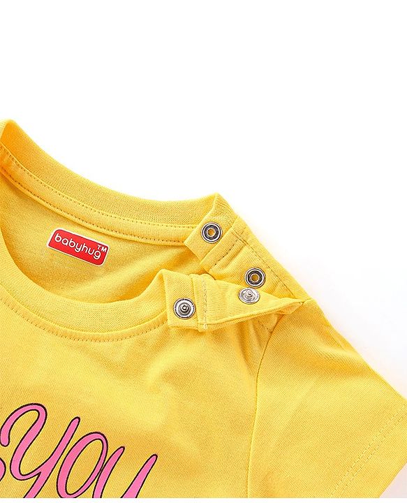 Babyhug Cotton Knit Half Sleeve Capri Night Suit With Text Print - Yellow & Pink