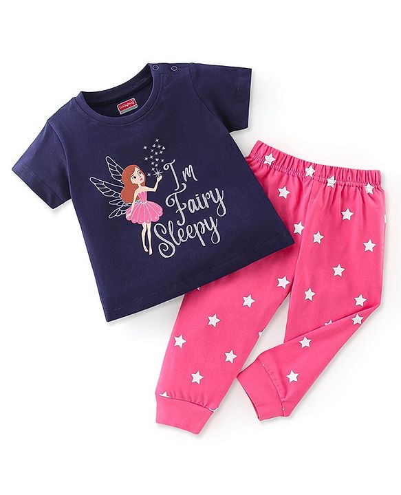Babyhug Cotton Knit Half Sleeves Night Suit With Fairly Print - Navy Blue & Pink