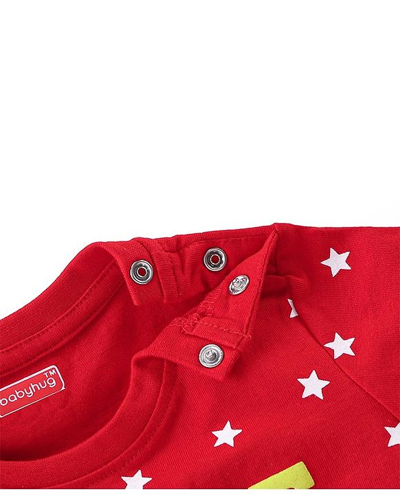 Babyhug Cotton Knit Half Sleeves Night Suit With Text Print - Red