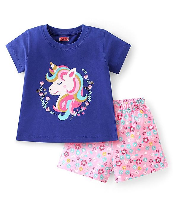 Babyhug Cotton Knit Half Sleeve Night Suit With Unicorn Print -  Blue & Pink