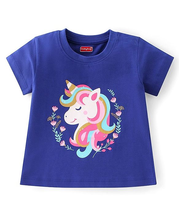 Babyhug Cotton Knit Half Sleeve Night Suit With Unicorn Print -  Blue & Pink