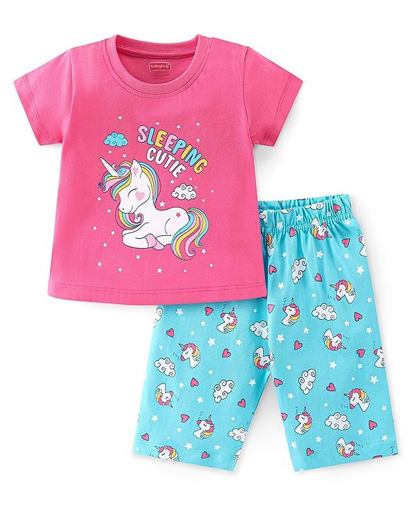 Babyhug Single Jersey Knit Half Sleeves Night Suit With Unicorn Print - Pink & Blue