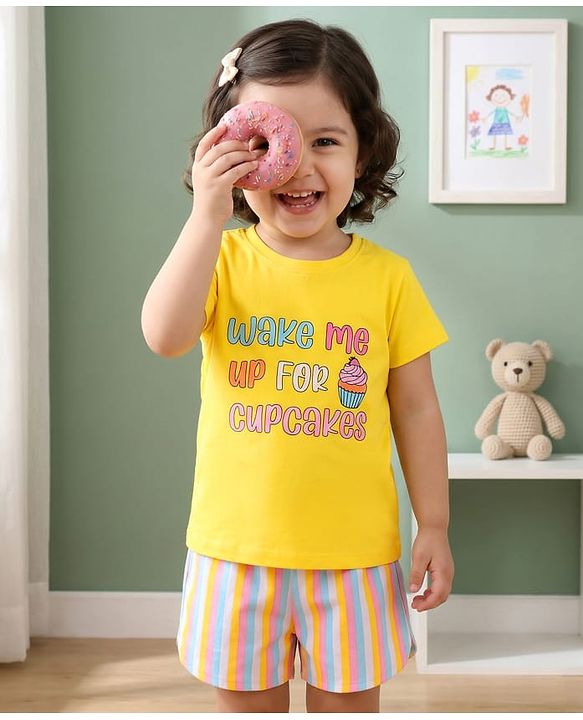 Babyhug Cotton Knit  Half Sleeve Night Suit Text Print - Multicolour