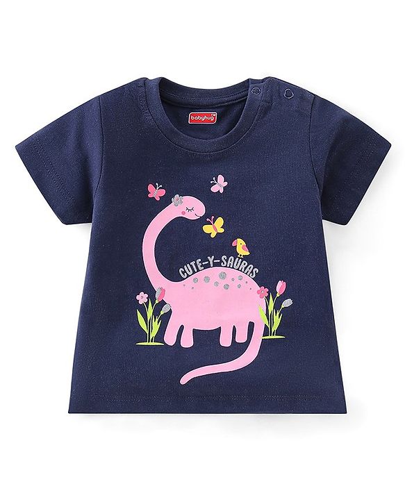 Babyhug Cotton Knit Half Sleeves Capri Night Suit With Dino Print - Navy Blue