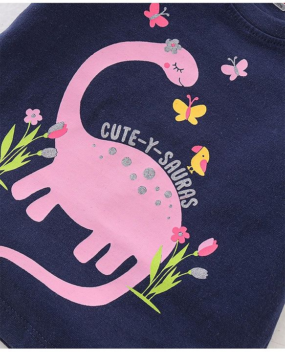 Babyhug Cotton Knit Half Sleeves Capri Night Suit With Dino Print - Navy Blue