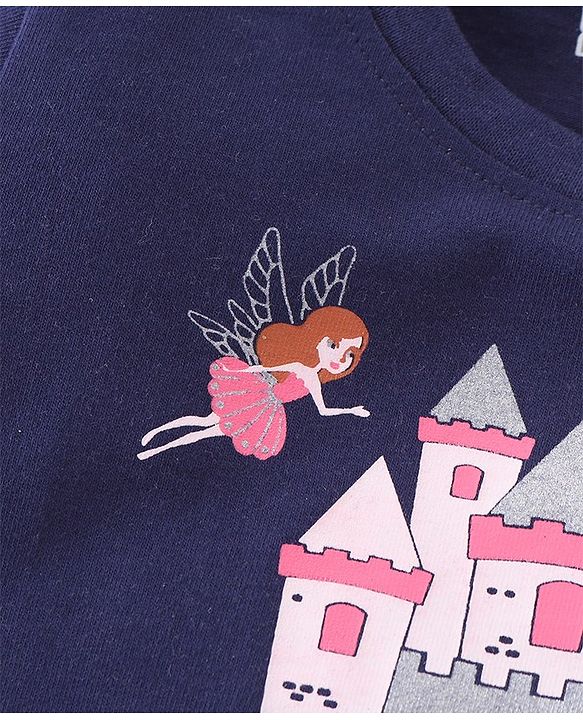 Babyhug Cotton Knit Half Sleeves Capri Night Suit With Castle Print - Navy Blue  & Pink