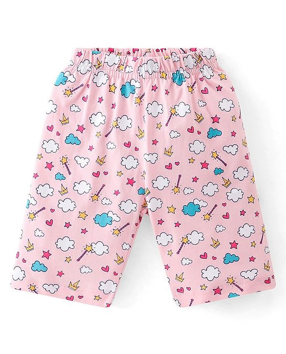 Babyhug Cotton Knit Half Sleeves Capri Night Suit With Castle Print - Navy Blue  & Pink