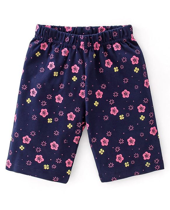 Babyhug Cotton Knit Single Jersey Half Sleeves Capri Night Suit With Floral Print - Navy Blue