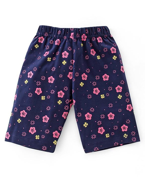 Babyhug Cotton Knit Single Jersey Half Sleeves Capri Night Suit With Floral Print - Navy Blue