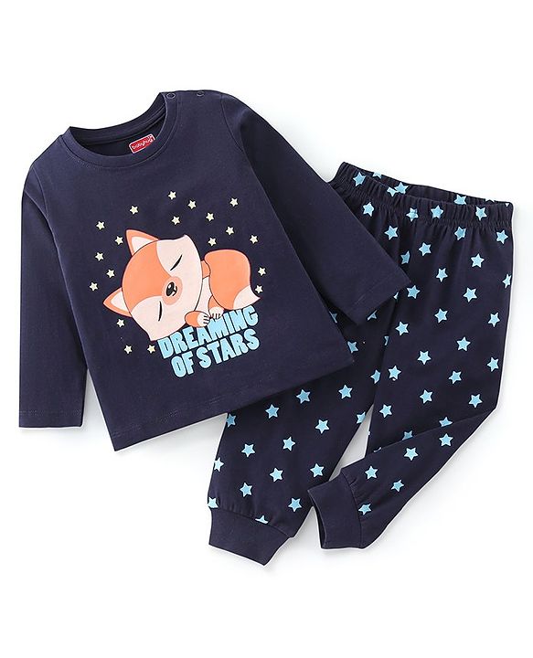 Babyhug Cotton Knit Full Sleeves Night Suit with Glow in The Dark & Fox Print - Navy Blue