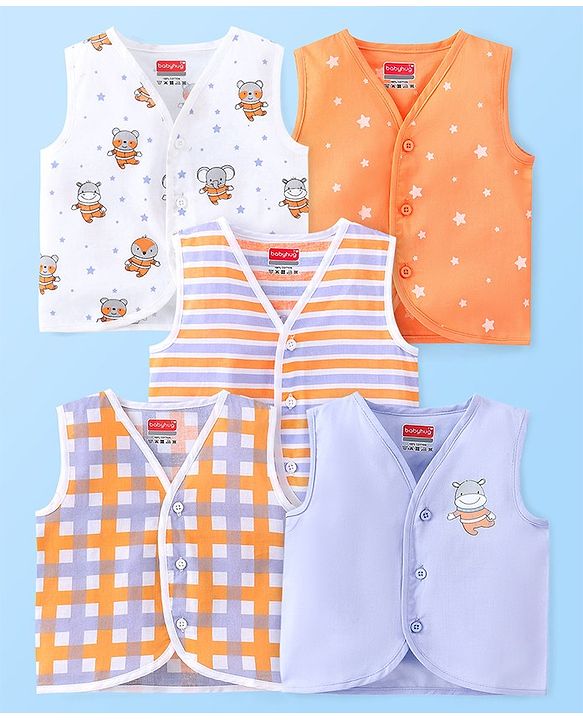 Babyhug 100% Cotton Sleeveless Front Open Jhablas Jungle Animals Printed & Striped Pack of 5 - Orange Blue & White
