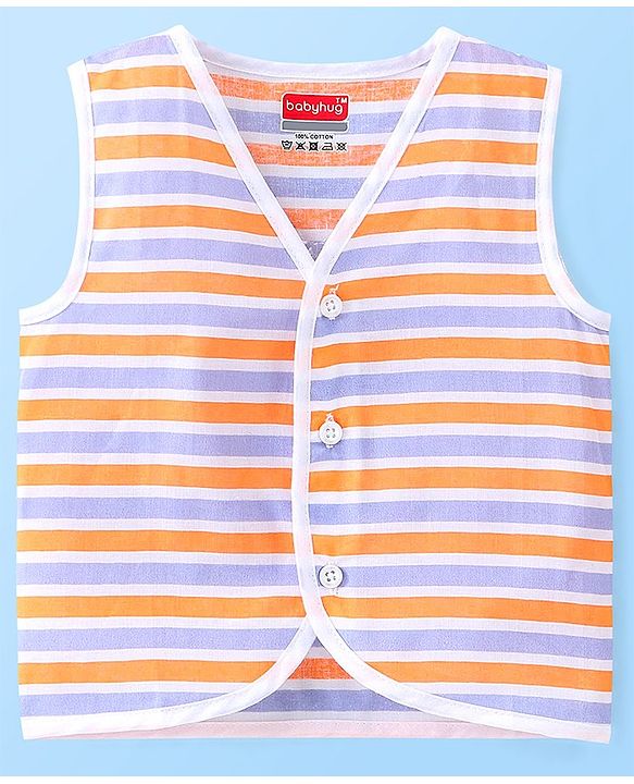 Babyhug 100% Cotton Sleeveless Front Open Jhablas Jungle Animals Printed & Striped Pack of 5 - Orange Blue & White