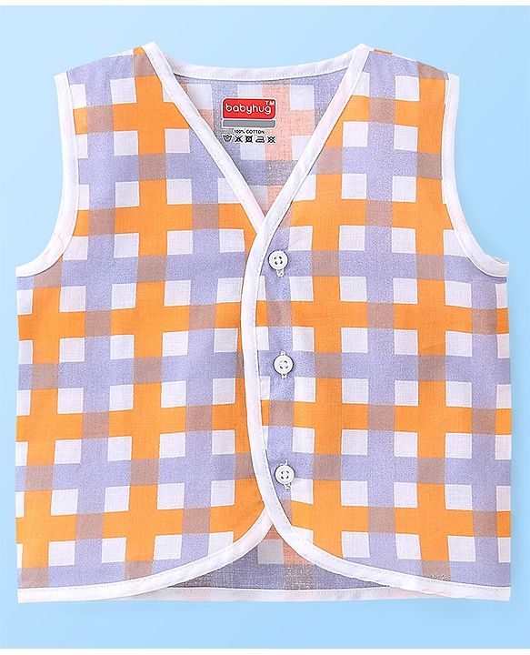Babyhug 100% Cotton Sleeveless Front Open Jhablas Jungle Animals Printed & Striped Pack of 5 - Orange Blue & White