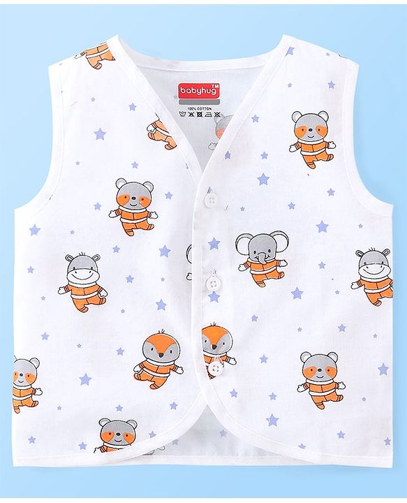 Babyhug 100% Cotton Sleeveless Front Open Jhablas Jungle Animals Printed & Striped Pack of 5 - Orange Blue & White