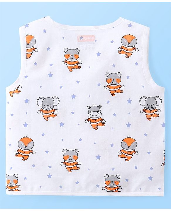 Babyhug 100% Cotton Sleeveless Front Open Jhablas Jungle Animals Printed & Striped Pack of 5 - Orange Blue & White