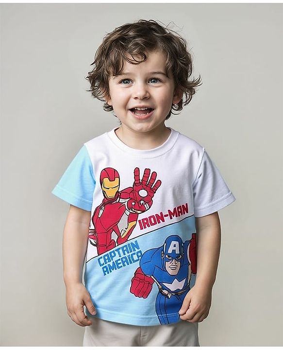 Babyhug Marvel Cotton Knit Half Sleeves T-Shirt with Avengers Print - White & Blue