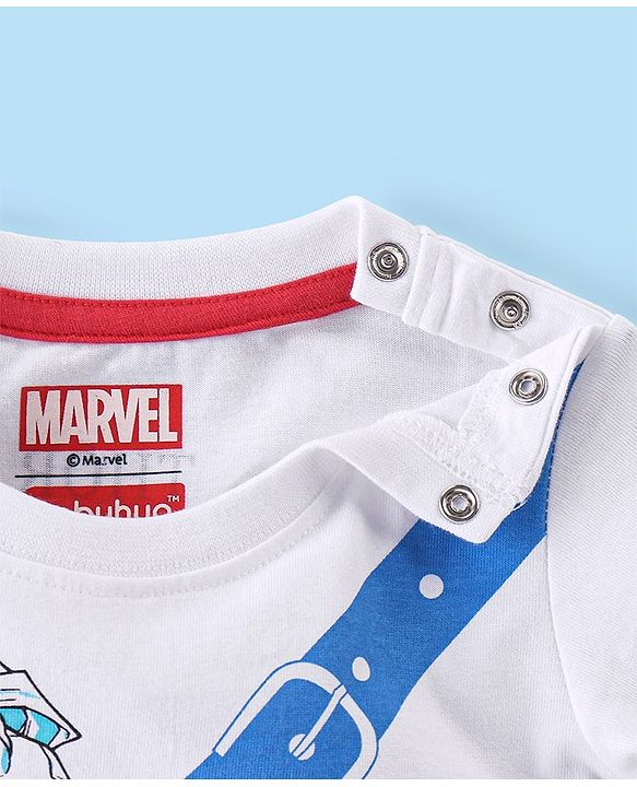 Babyhug Marvel 100% Cotton Knit Half Sleeves T-Shirt with Avengers Graphics & Fanny Bag Applique - White