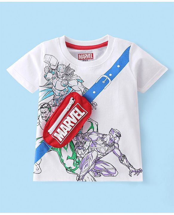 Babyhug Marvel 100% Cotton Knit Half Sleeves T-Shirt with Avengers Graphics & Fanny Bag Applique - White