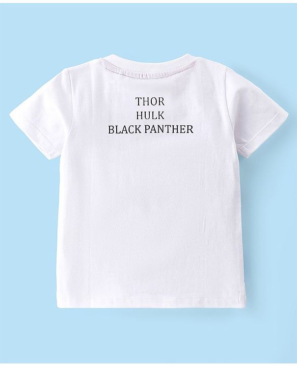 Babyhug Marvel 100% Cotton Knit Half Sleeves T-Shirt with Avengers Graphics & Fanny Bag Applique - White