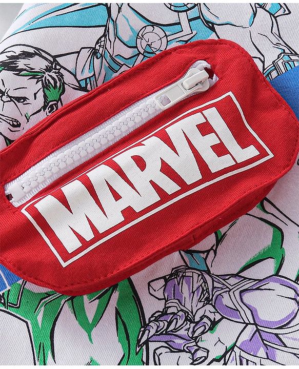 Babyhug Marvel 100% Cotton Knit Half Sleeves T-Shirt with Avengers Graphics & Fanny Bag Applique - White
