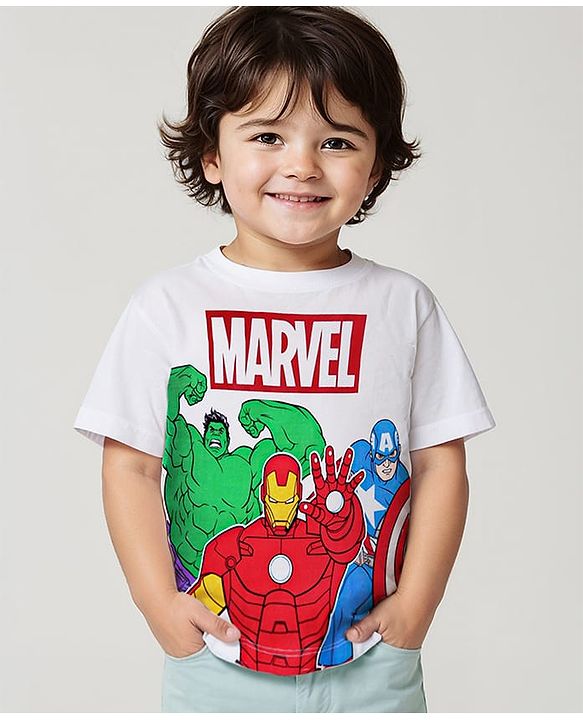 Babyhug Marvel 100% Cotton Knit Half Sleeves T-Shirt With Avengers Graphics -White
