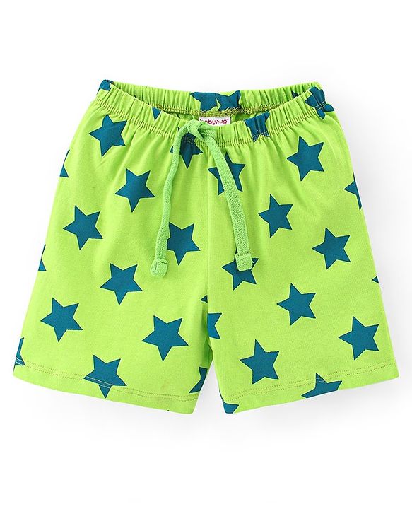 Babyhug Cotton Knit Striped & Starts Printed Shorts Pack of 3 - Green & Blue