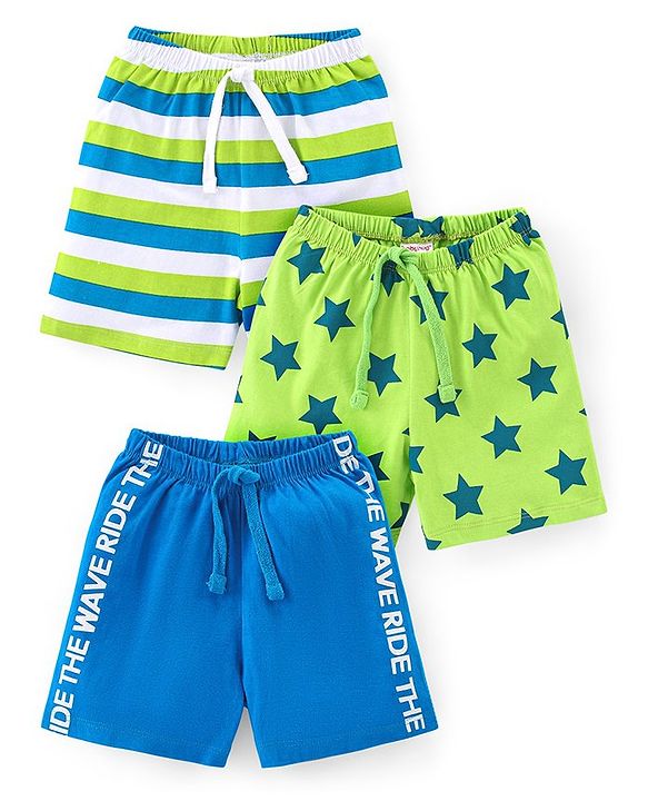 Babyhug Cotton Knit Striped & Starts Printed Shorts Pack of 3 - Green & Blue
